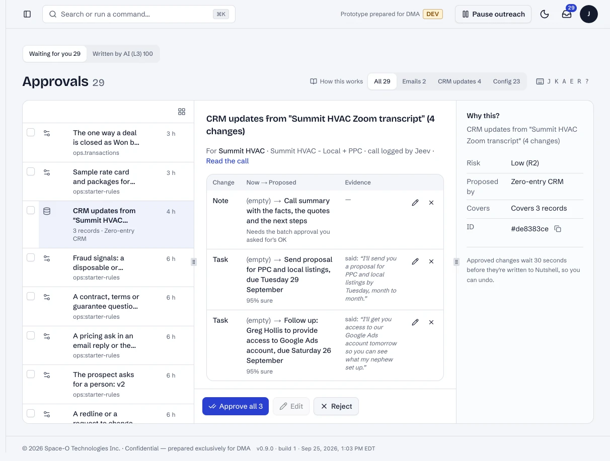 A logged call's CRM changes, as one batch.