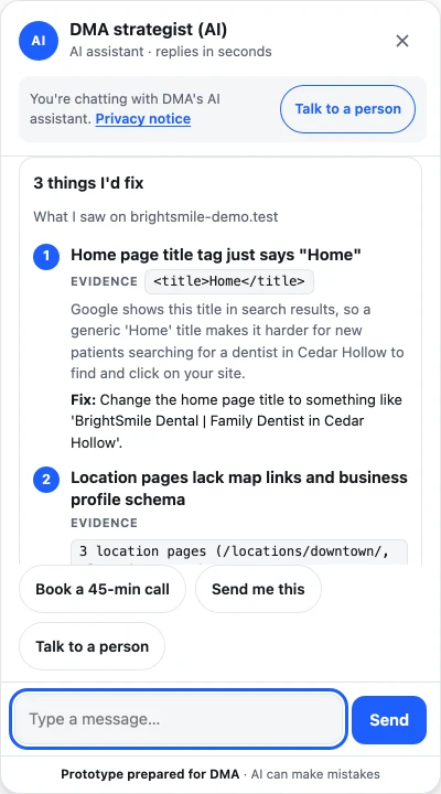 The visitor pastes their website: the review runs inside the chat and the three findings arrive as a card.
