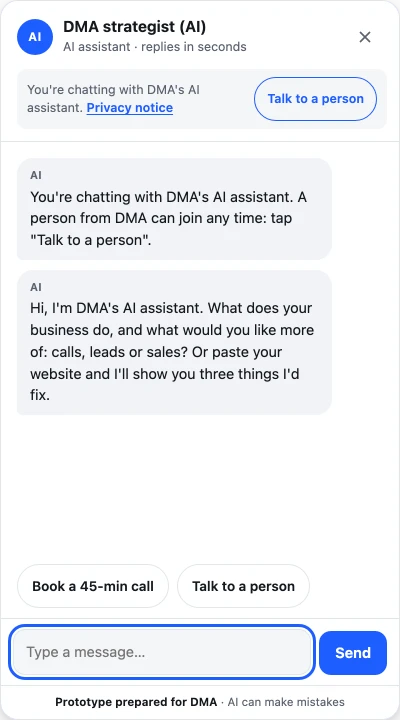 The chat's first line: the visitor is talking to DMA's AI assistant, and a person can join any time.