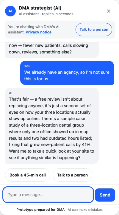 A dental practice owner says they already have an agency: the approved answer, plus the matching sample case study.