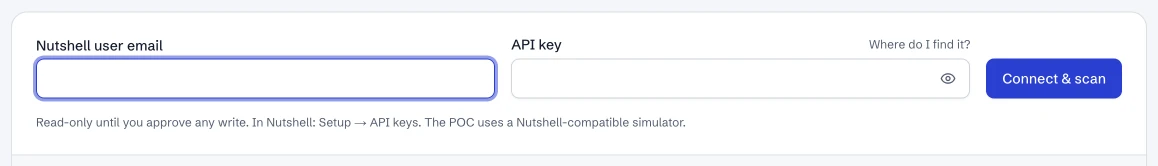 Connect Nutshell: an e-mail, a key and one click.