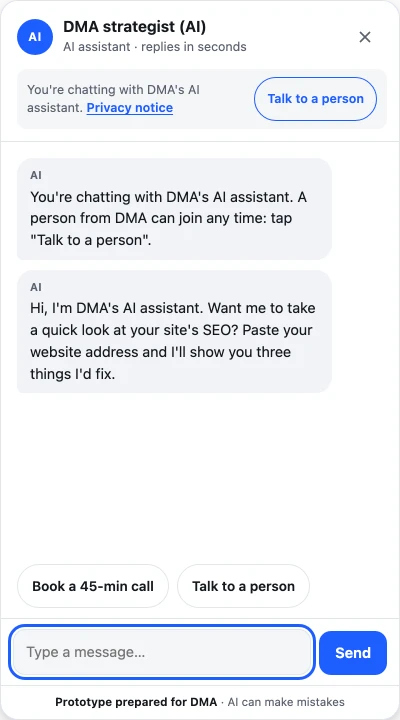 The chat opened from a local-SEO campaign link: the SEO opener, with the AI disclosure in the header.