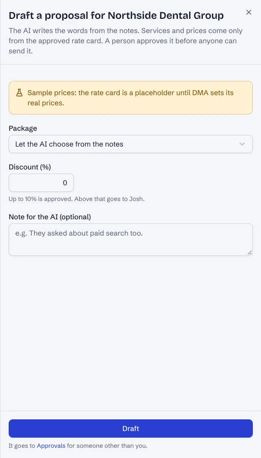 Sample: drafting a proposal, with prices from the rate card.