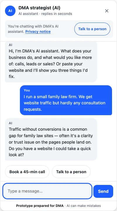A law-firm owner describes the problem: the strategist answers like a consultant, not a brochure.